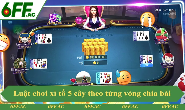 Luật chơi xì tố 5 cây theo từng vòng chia bài 